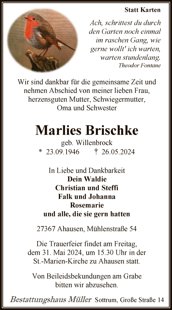 Todesanzeige von Marlies Brischke von SYK