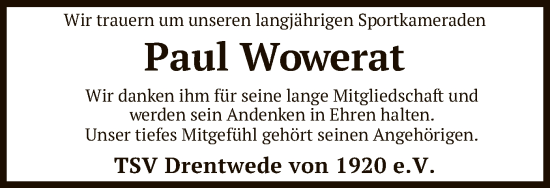 Todesanzeige von Paul Wowerat von SYK