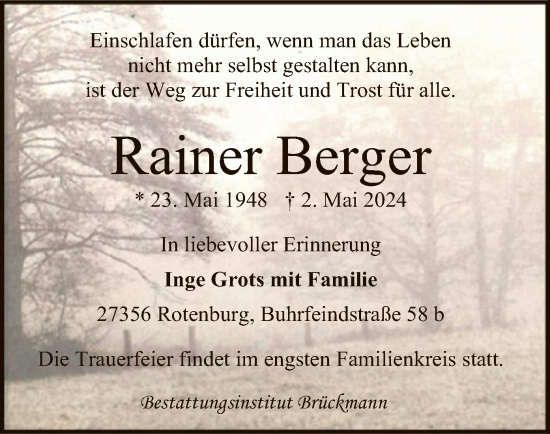 Todesanzeige von Rainer Berger von SYK