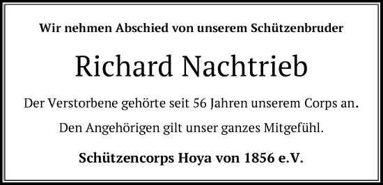 Todesanzeige von Richard Nachtrieb von SYK