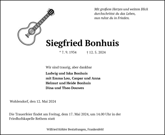 Todesanzeige von Siegfried Bonhuis von SYK