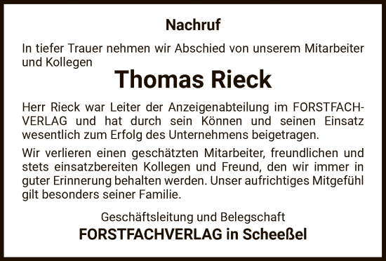 Todesanzeige von Thomas Rieck von SYK