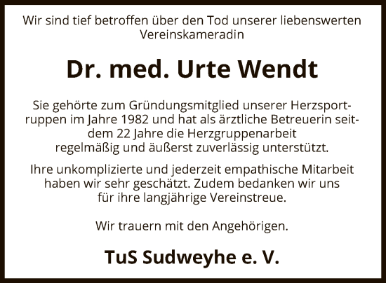 Todesanzeige von Urte Wendt von SYK