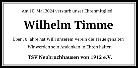 Todesanzeige von Wilhelm Timme von SYK