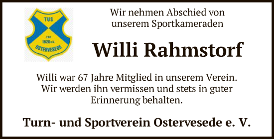 Todesanzeige von Willi Rahmstorf von SYK