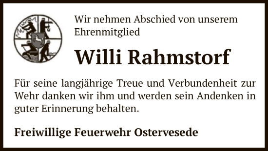 Todesanzeige von Willi Rahmstorf von SYK