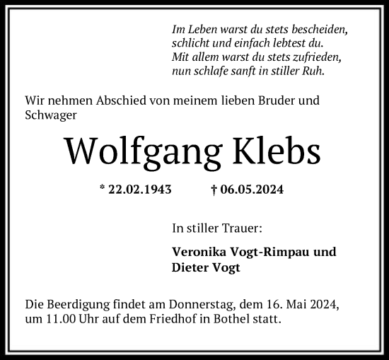 Todesanzeige von Wolfgang Klebs von SYK