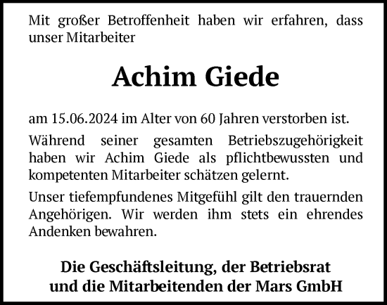 Todesanzeige von Achim Giede von SYK