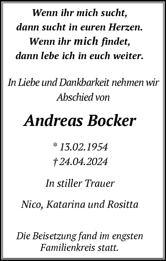 Todesanzeige von Andreas Bocker von SYK