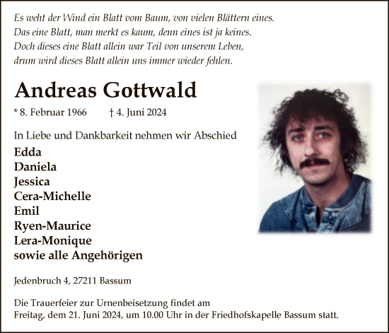 Todesanzeige von Andreas Gottwald von SYK
