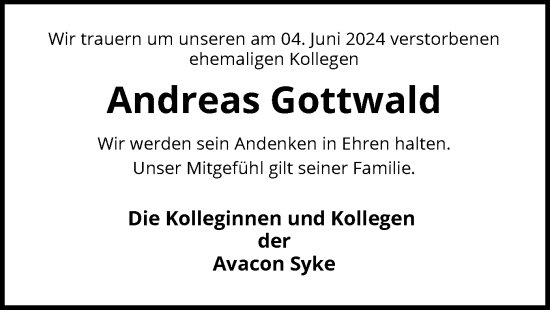 Todesanzeige von Andreas Gottwald von SYK