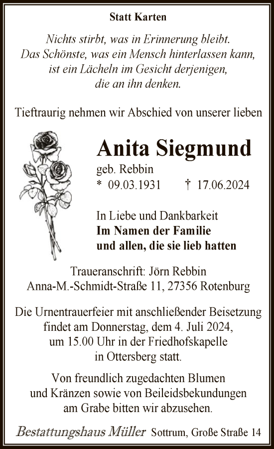 Todesanzeige von Anita Siegmund von SYK