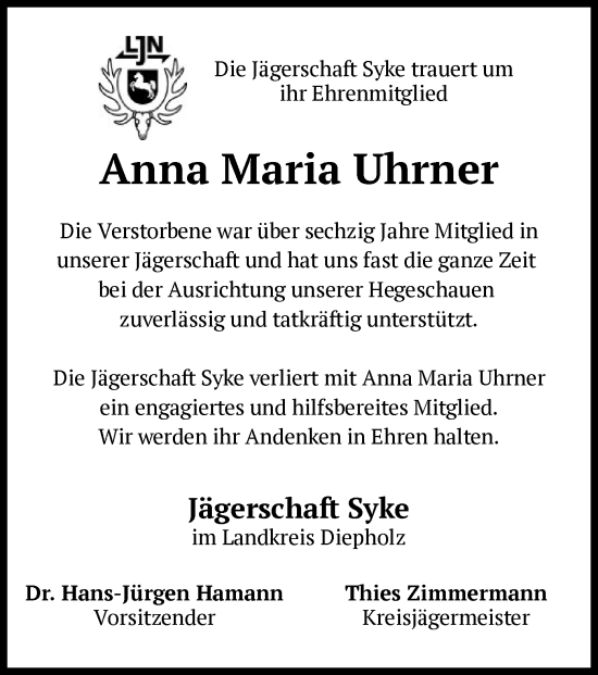 Todesanzeige von Anna Maria Uhrner von SYK