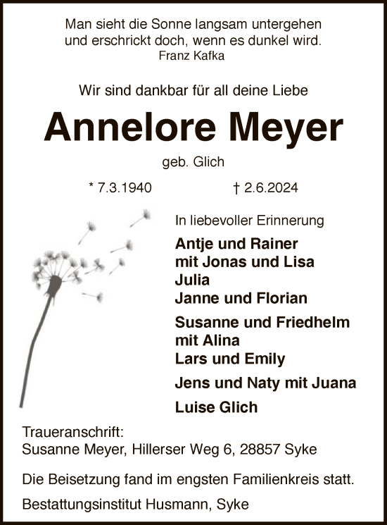 Todesanzeige von Annelore Meyer von SYK