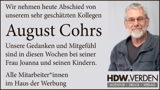 Todesanzeige von August Cohrs von SYK