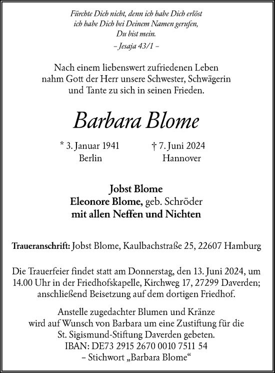 Todesanzeige von Barbara Blome von SYK