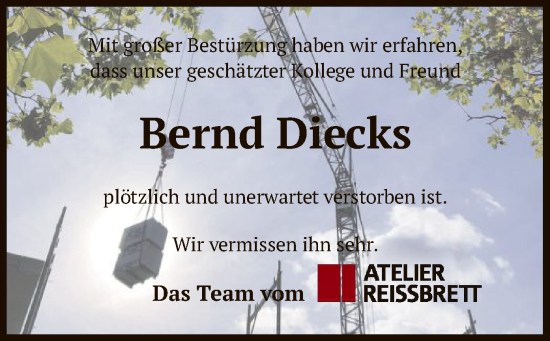 Todesanzeige von Bernd Diecks von SYK