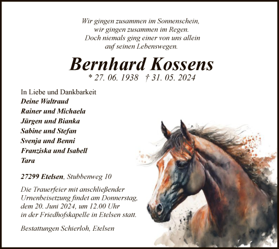 Todesanzeige von Bernhard Kossens von SYK