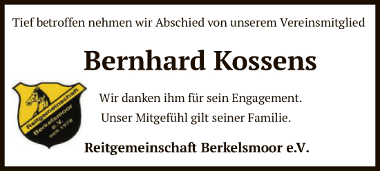 Todesanzeige von Bernhard Kossens von SYK