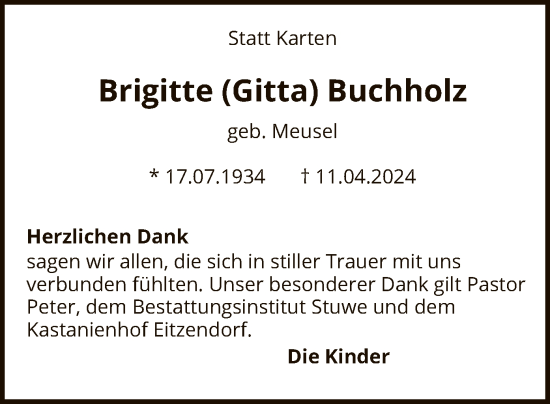 Todesanzeige von Brigitte Buchholz von SYK