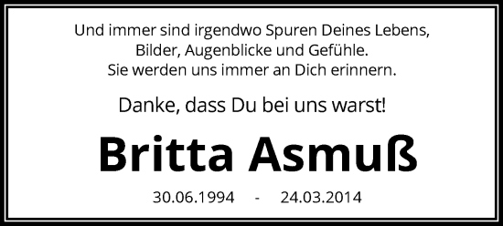 Todesanzeige von Britta Asmuß von SYK