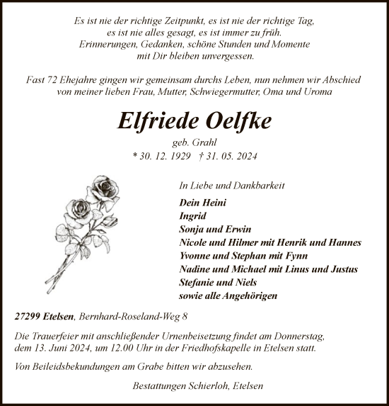 Todesanzeige von Elfriede Oelfke von SYK