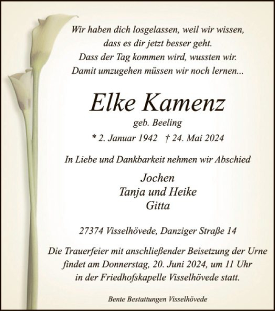 Todesanzeige von Elke Kamenz von SYK