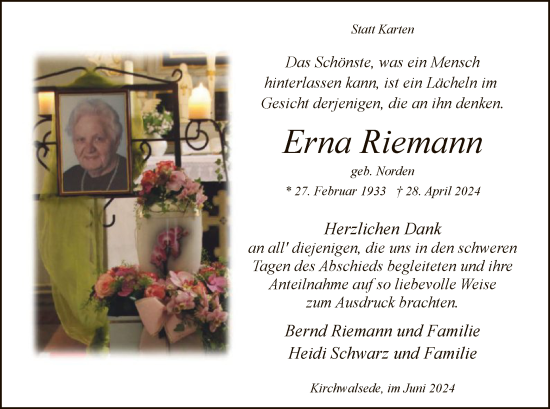 Todesanzeige von Erna Riemann von SYK