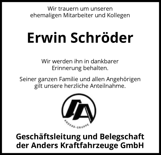 Todesanzeige von Erwin Schröder von SYK