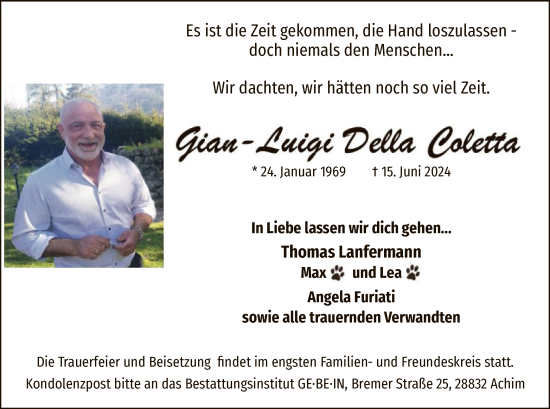 Todesanzeige von Gian-Luigi Della Coletta von SYK