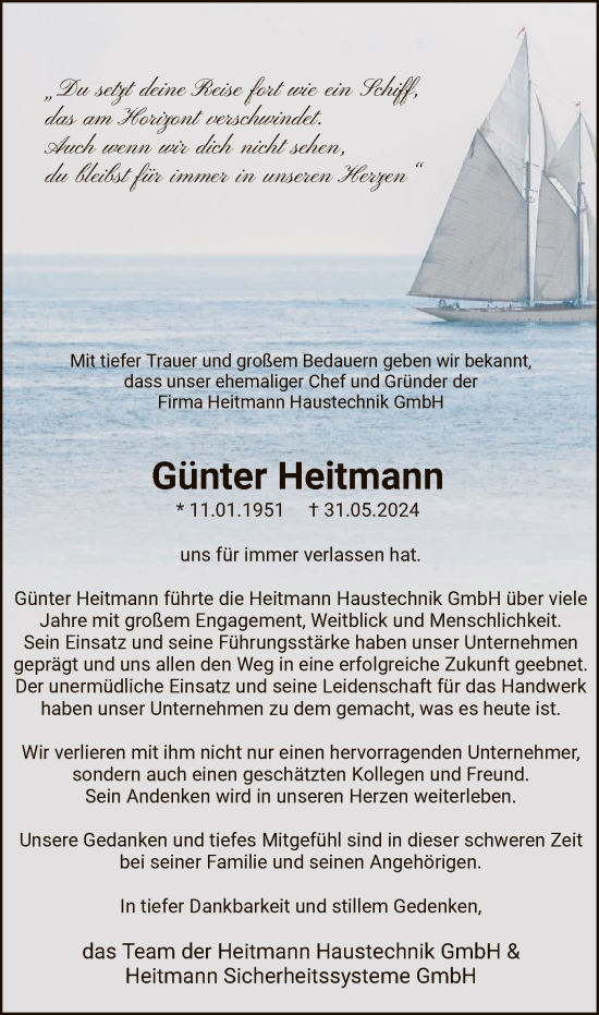 Todesanzeige von Günter Heitmann von SYK