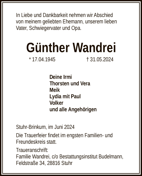 Todesanzeige von Günther Wandrei von SYK