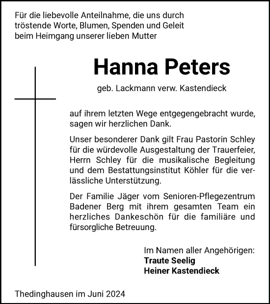 Todesanzeige von Hanna Peters von SYK