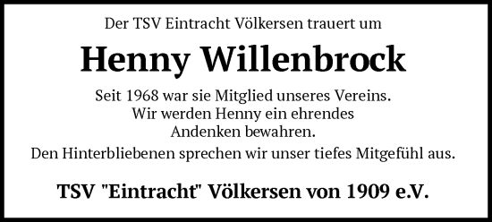 Todesanzeige von Henny Willenbrock von SYK