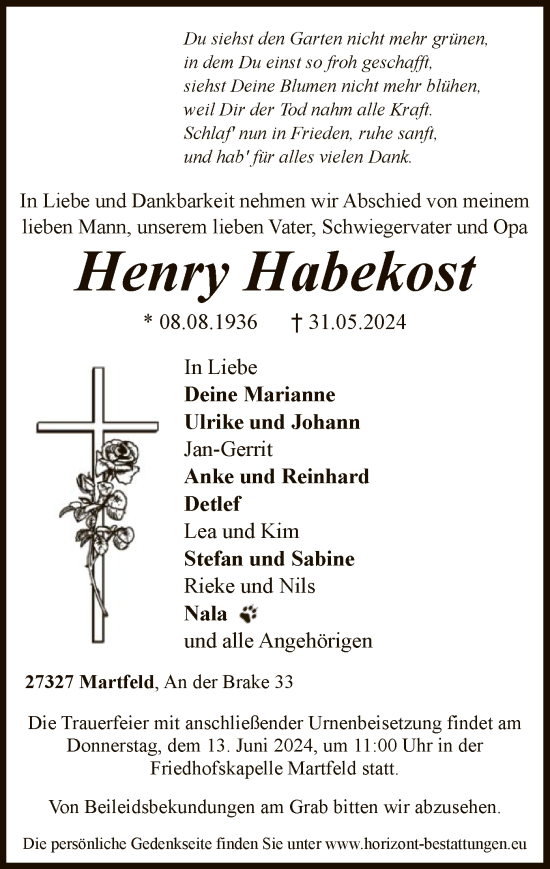 Todesanzeige von Henry Habekost von SYK