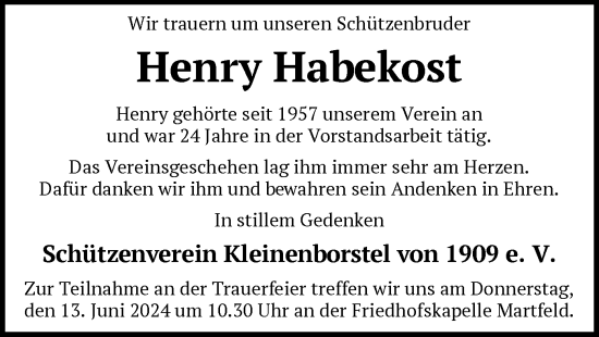 Todesanzeige von Henry Habekost von SYK