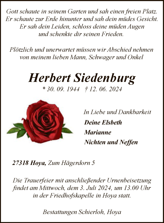 Todesanzeige von Herbert Siedenburg von SYK