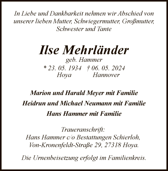 Todesanzeige von Ilse Mehrländer von SYK