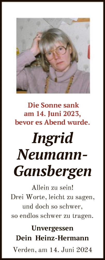 Todesanzeige von Ingrid Neumann-Gansbergen von SYK
