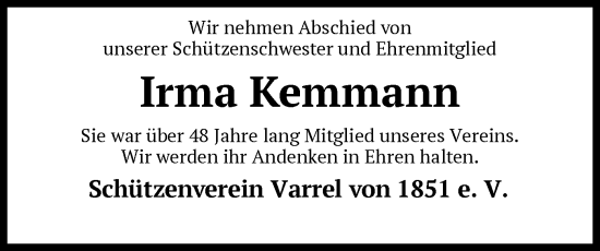 Todesanzeige von Irma Kemmann von SYK