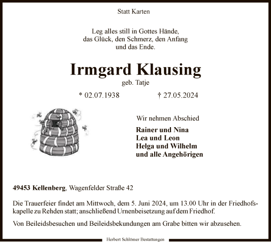 Todesanzeige von Irmgard Klausing von SYK