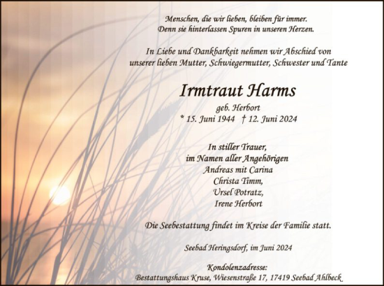 Todesanzeige von Irmtraut Harms von SYK