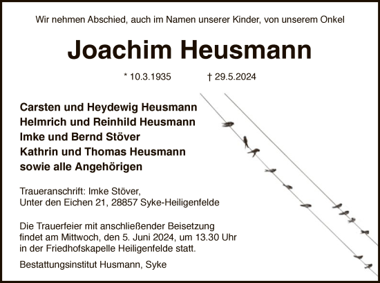 Todesanzeige von Joachim Heusmann von SYK