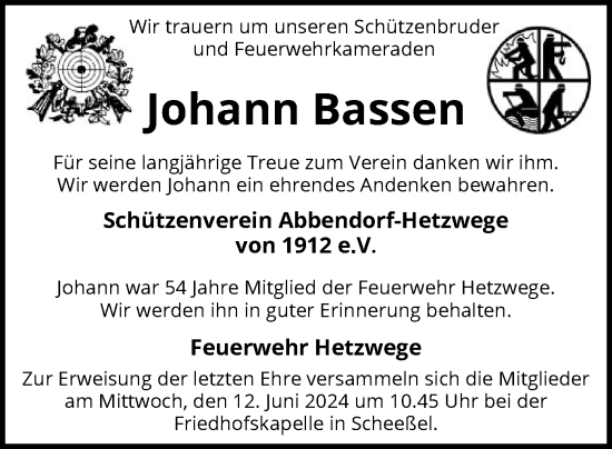 Todesanzeige von Johann Bassen von SYK