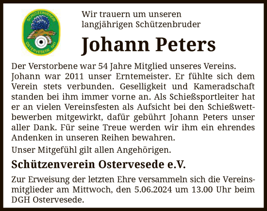 Todesanzeige von Johann Peters von SYK