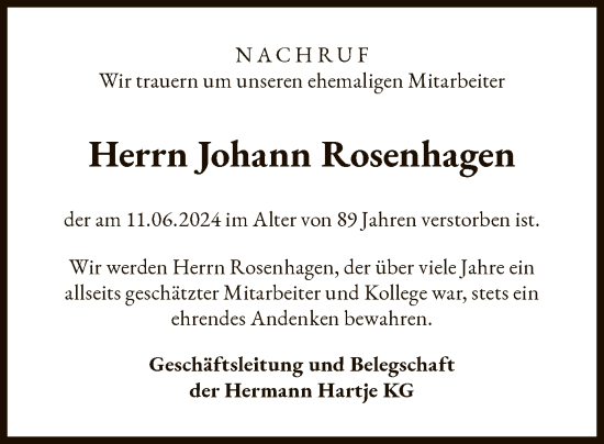 Todesanzeige von Johann Rosenhagen von SYK