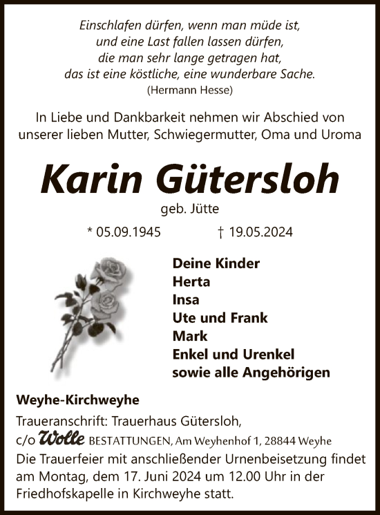 Todesanzeige von Karin Gütersloh von SYK