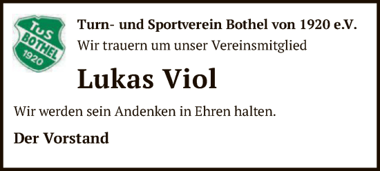 Todesanzeige von Lukas Viol von SYK