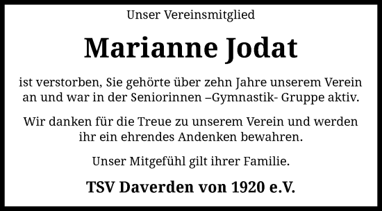 Todesanzeige von Marianne Jodat von SYK