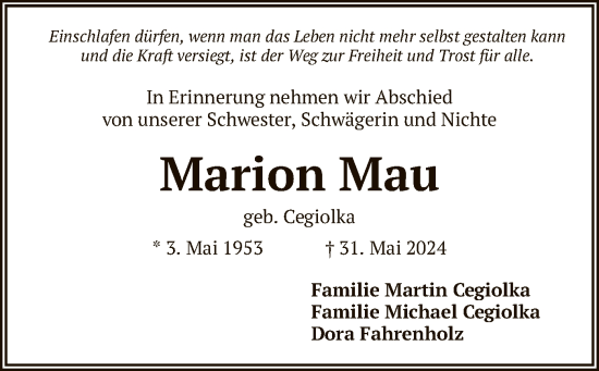 Todesanzeige von Marion Mau von SYK